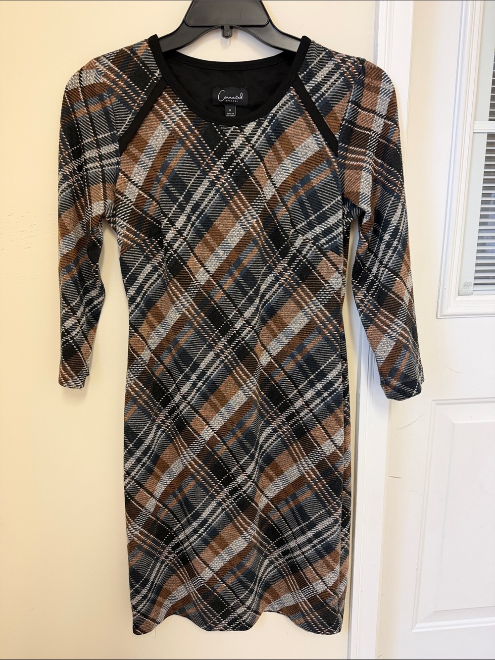 connected apparel Brown Black Gray Plaid Long-Sleeve Sheath Dress